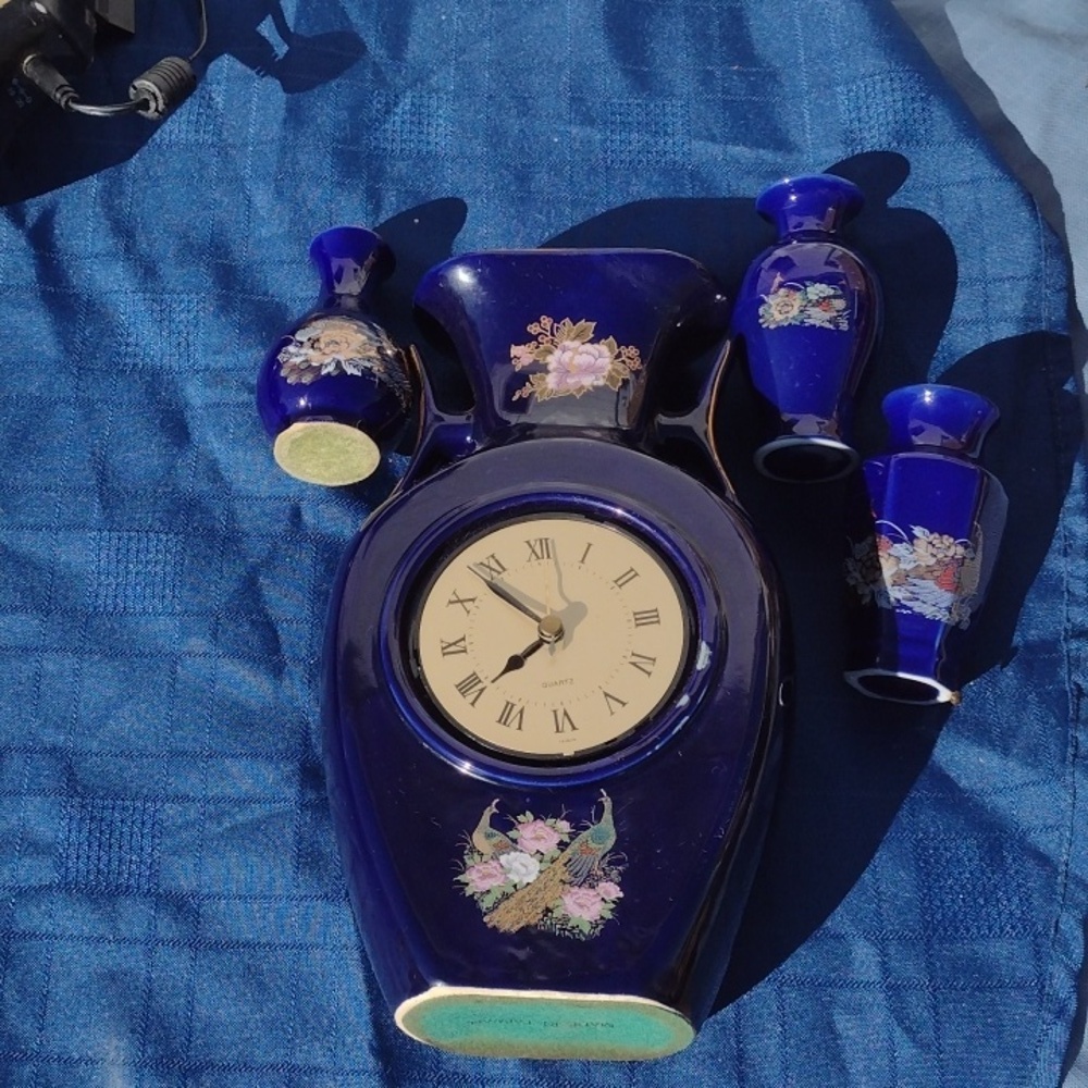 Cobalt Blue Vases&Mantle Clock with Gold Courting